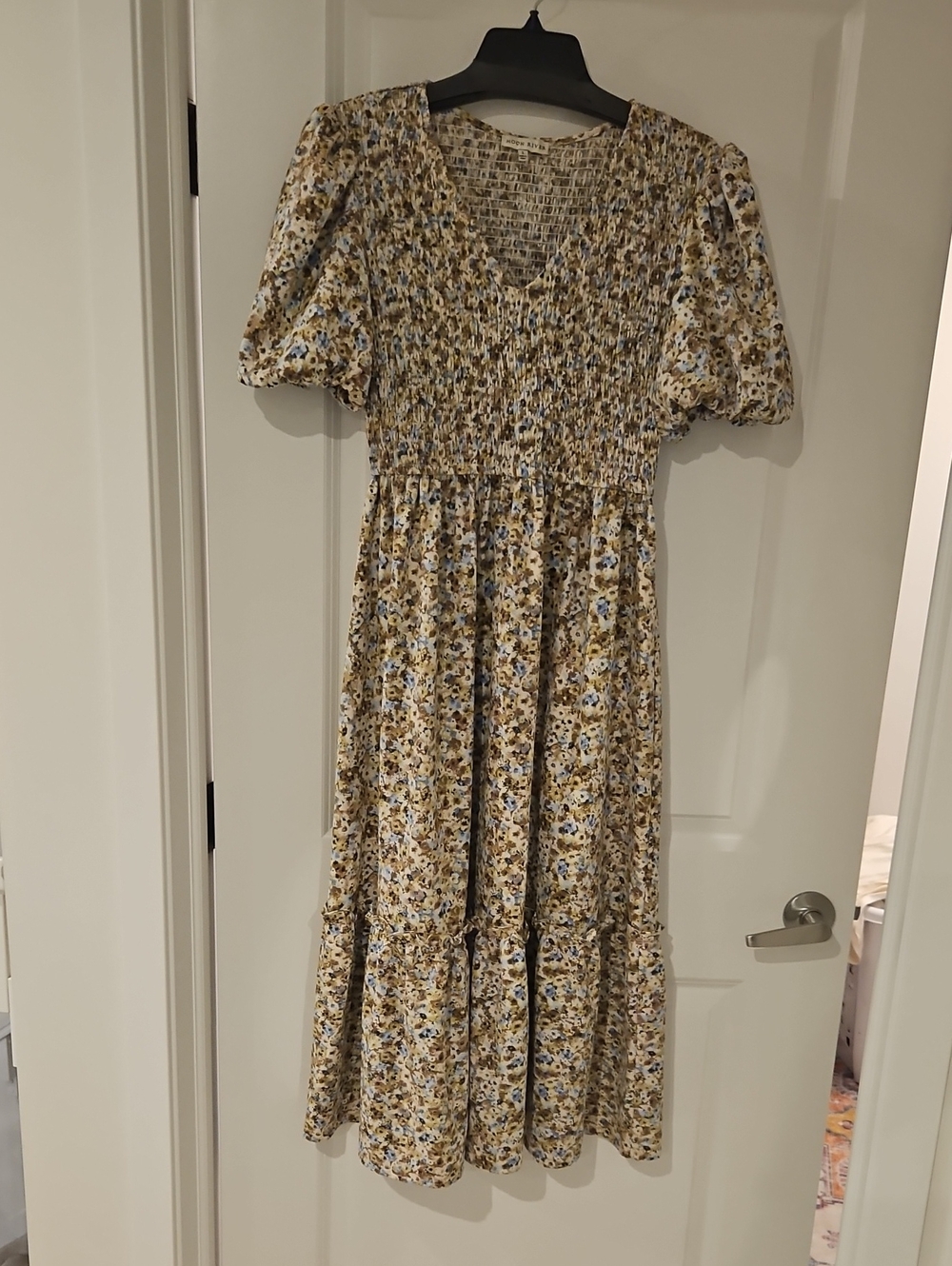 Moon River Cream Midi Dress with Blue and Tan Floral Print